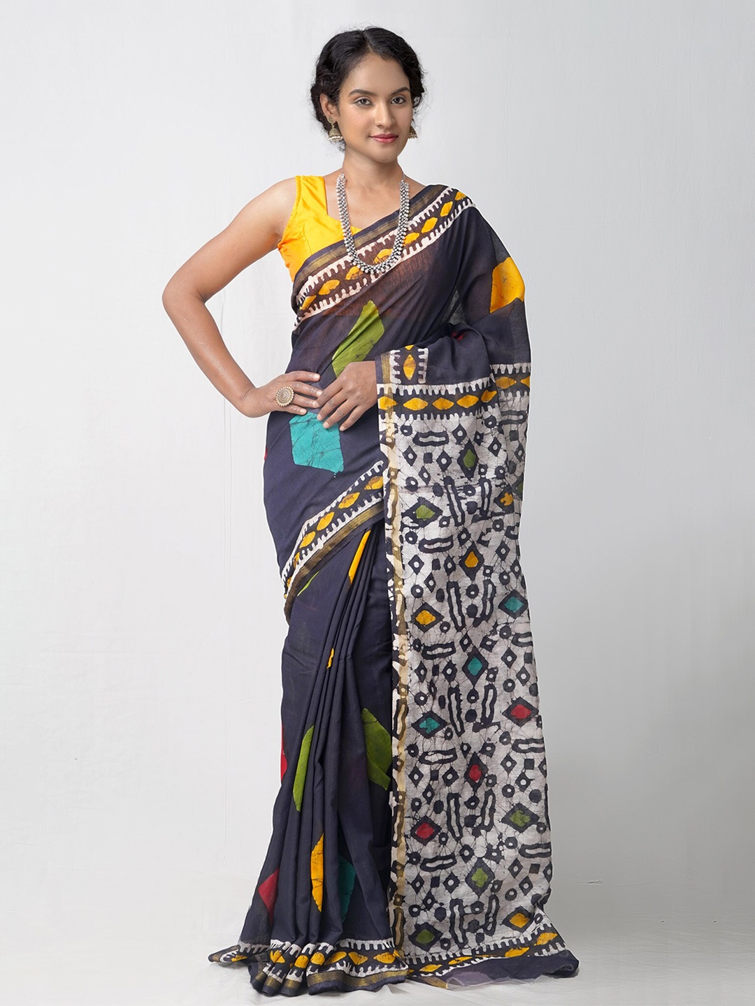 

Unnati Silks Black Batik Zari Silk Cotton Chanderi Saree