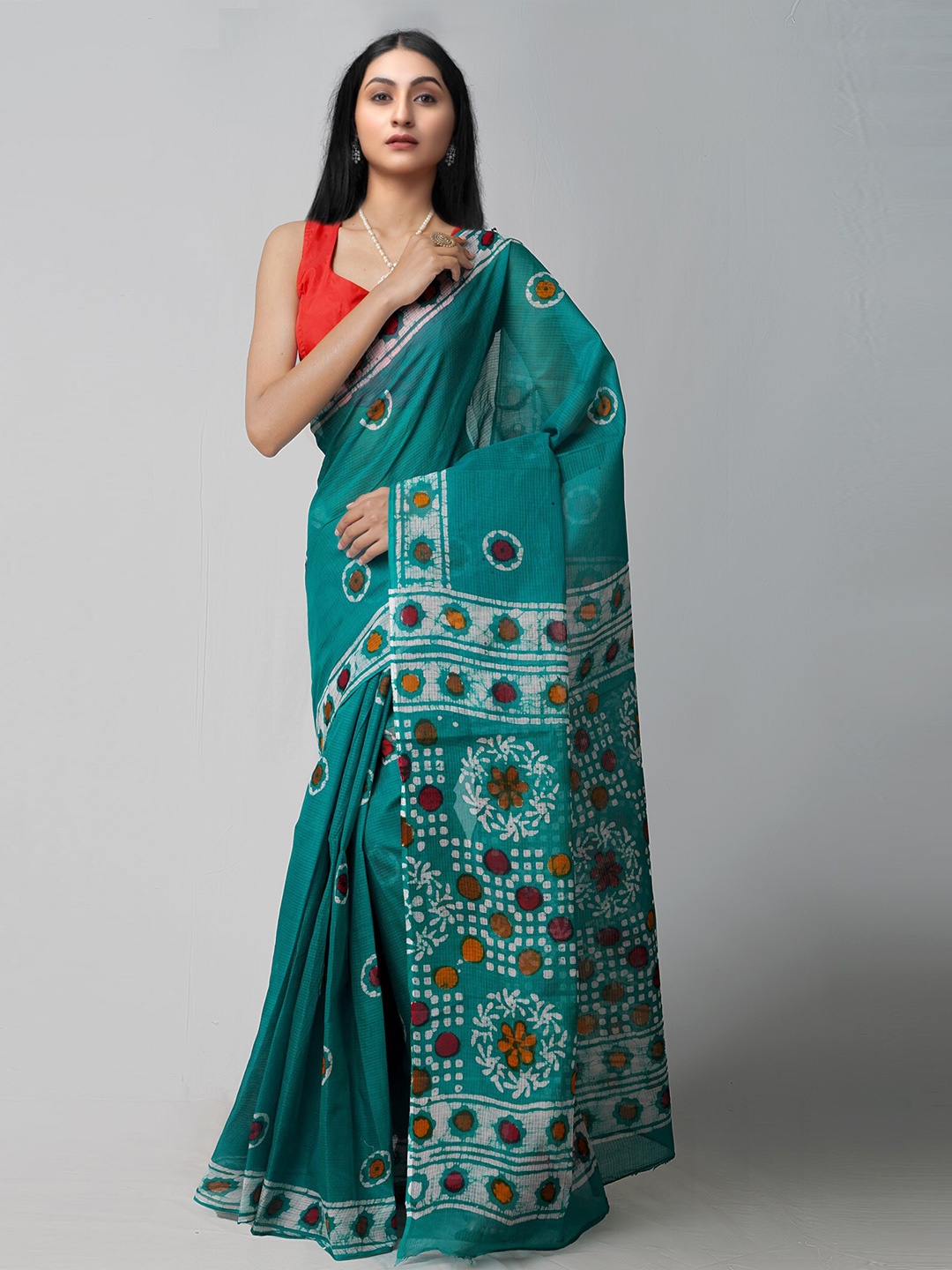 

Unnati Silks Green & Red Batik Pure Handloom Sustainable Cotton Kota Saree