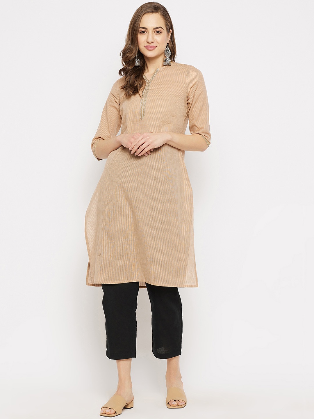 

Imfashini Women Beige Woven Design Handloom Kurta