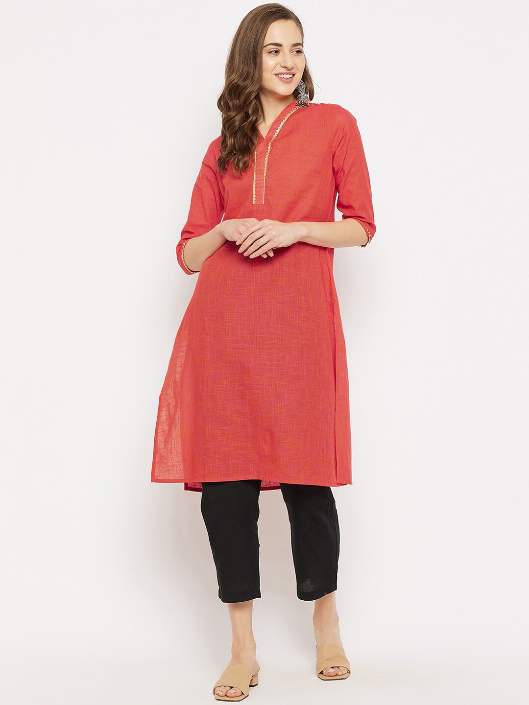 

Imfashini Women Red Cotton Micro Checked Gotta Patti Kurta