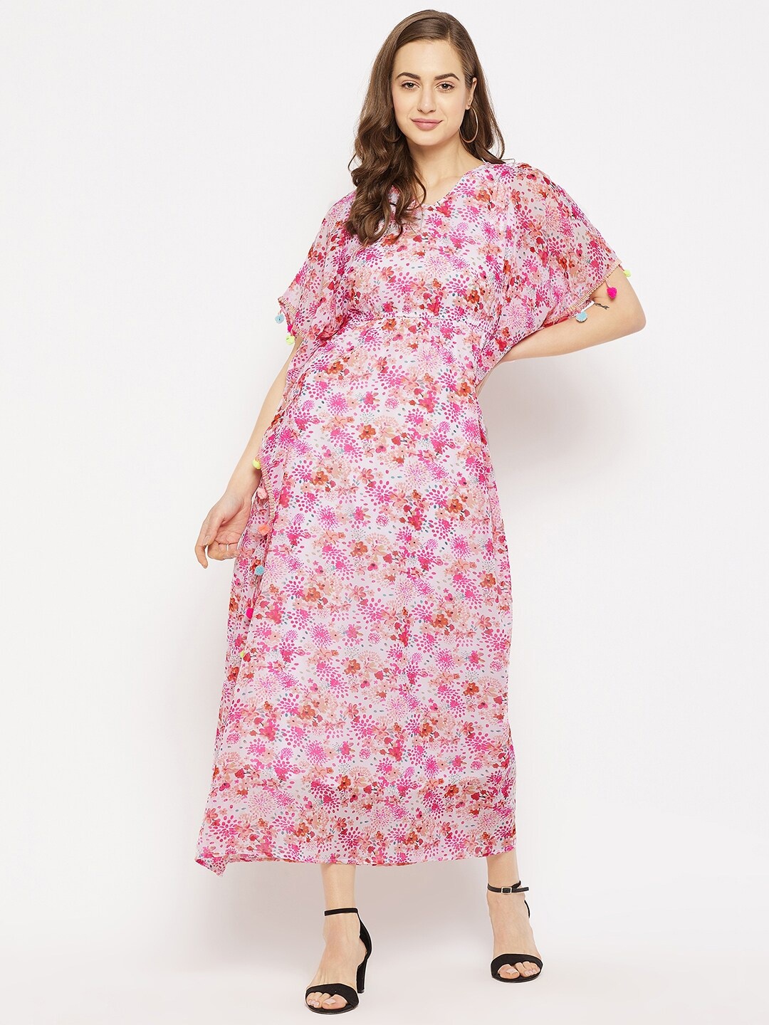 

Imfashini Pink & White Floral Georgette Kaftan Maxi Dress