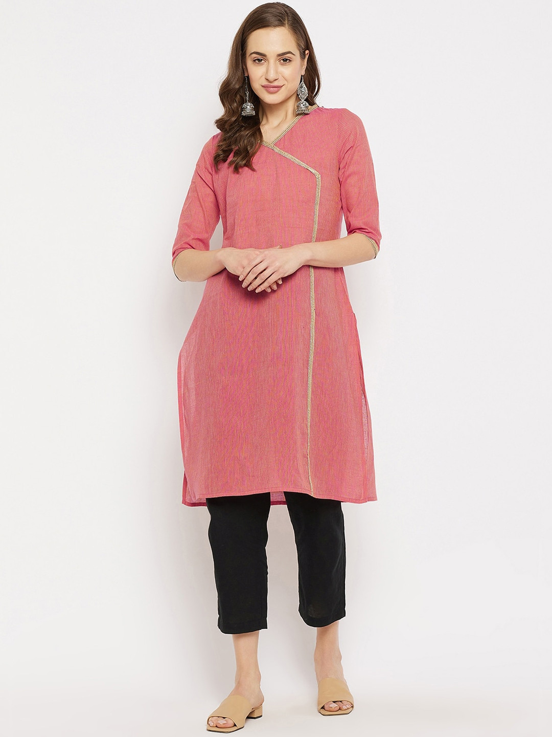 

Imfashini Women Pink Cotton Striped Gotta Patti Kurta