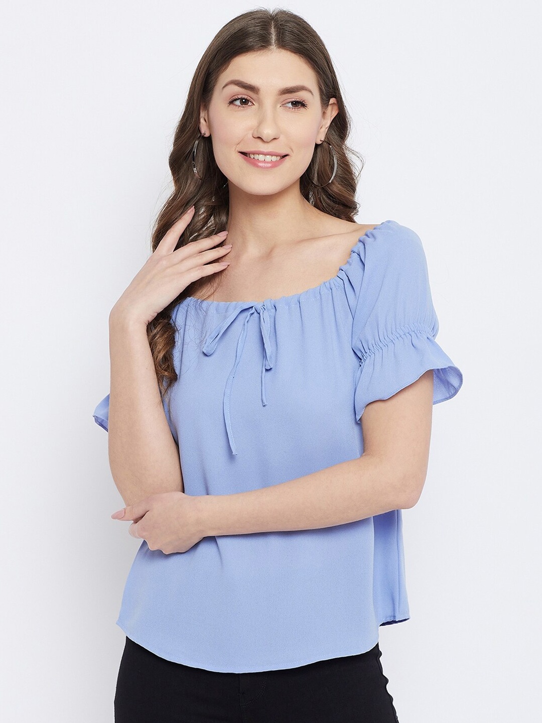 

Imfashini Blue Tie-Up Neck Crepe Top