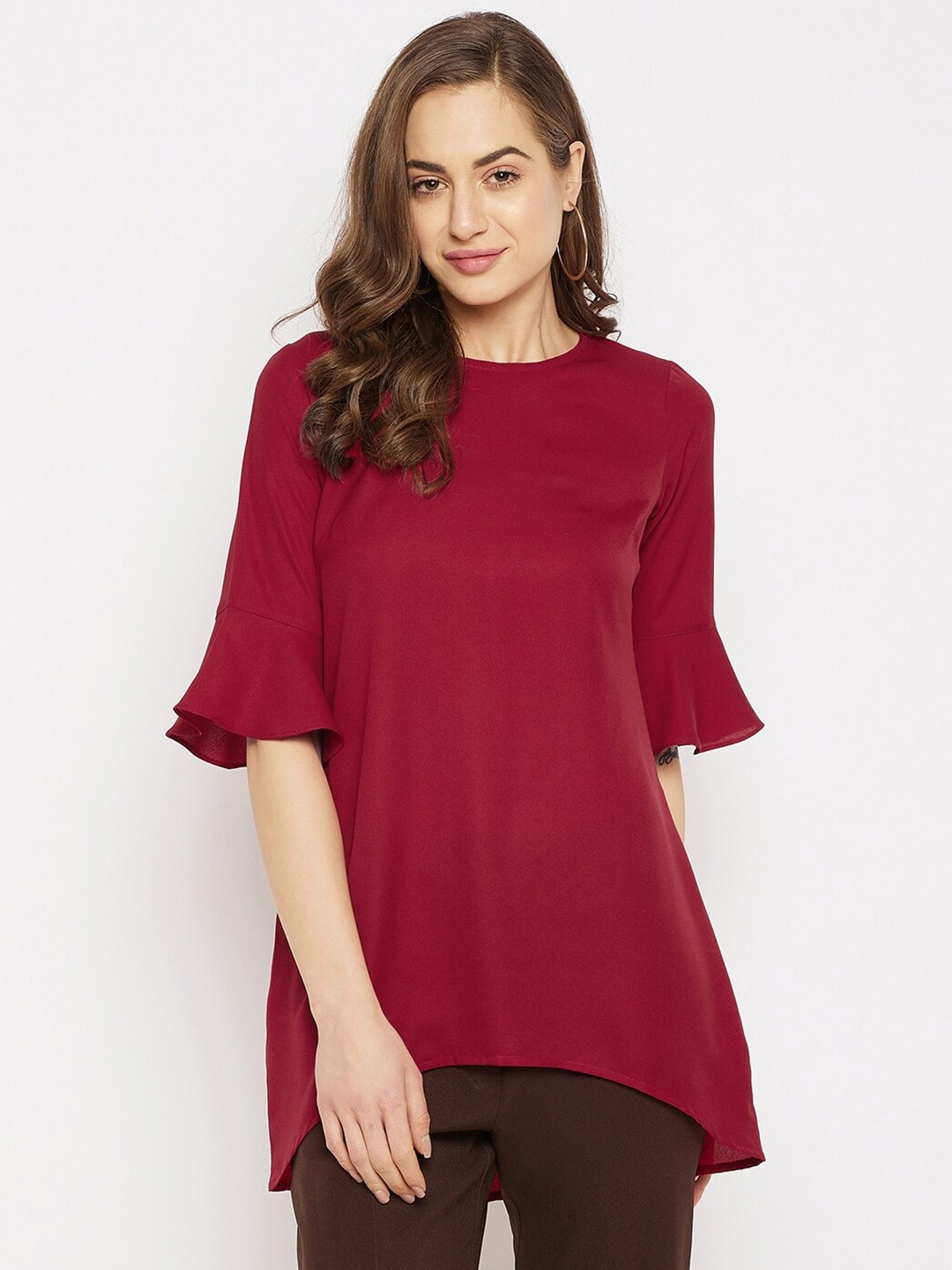 

Imfashini Maroon Bell Sleeves Longline High-Low Top