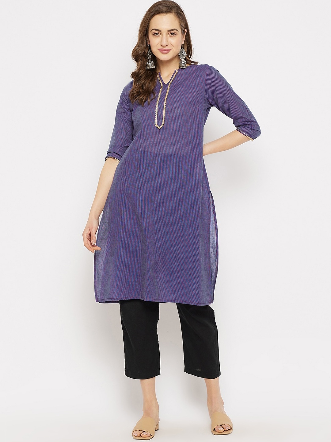 

Imfashini Women Purple & Maroon Striped Cotton Straight Kurta