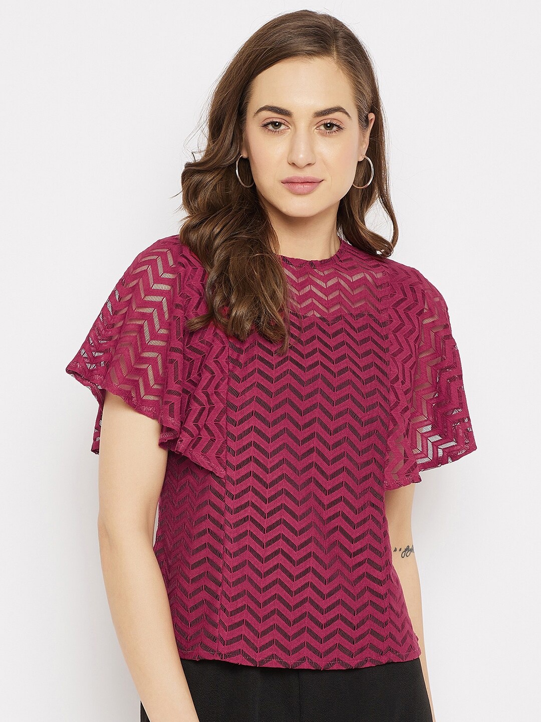 

Imfashini Maroon Sheer Lace Top