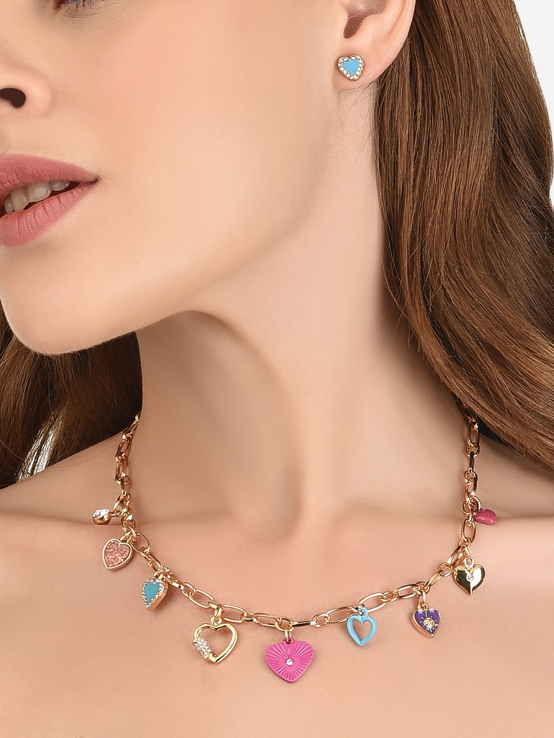 

Lilly & sparkle Gold-Toned & Gold-Plated Chain Enameled Crystal Charms And Stud Earrings