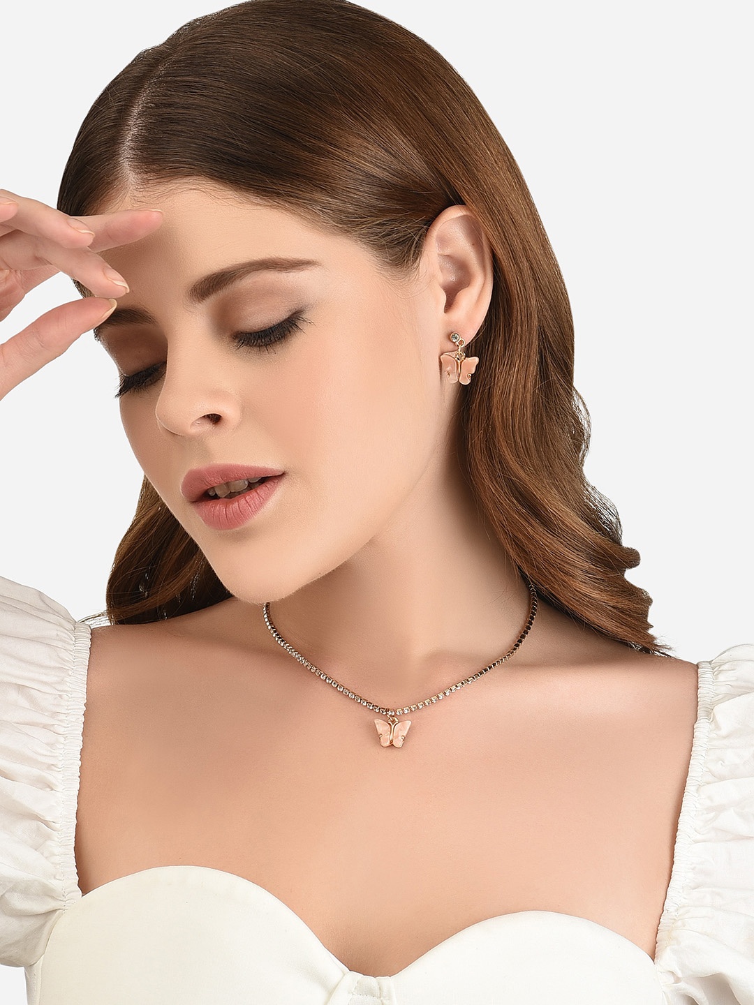 

Lilly & sparkle Pink & Gold-Toned Gold-Plated Layered Necklace with Earrings