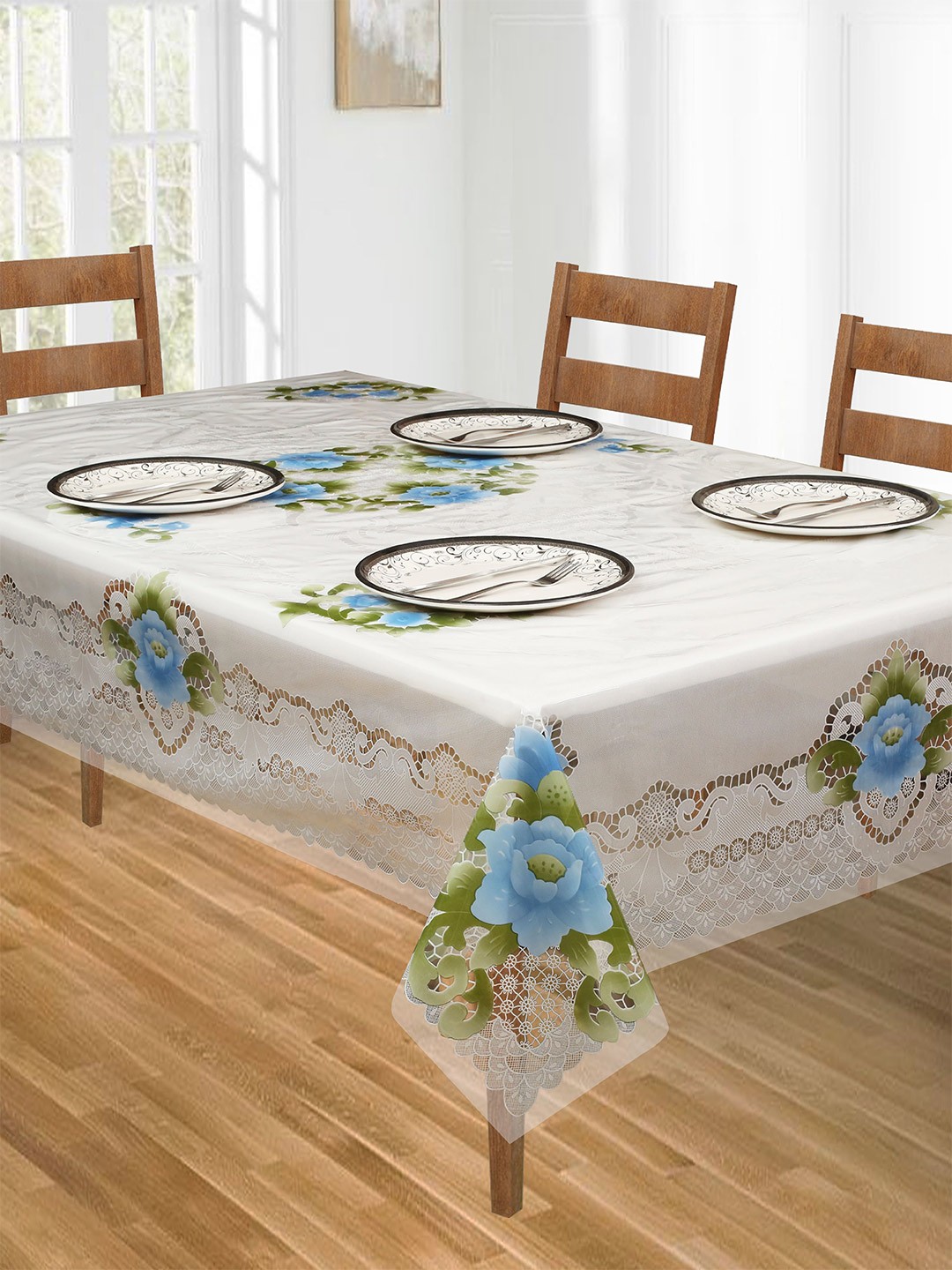 

DREAM WEAVERZ Transparent & Blue Printed 6 Seater Table Covers