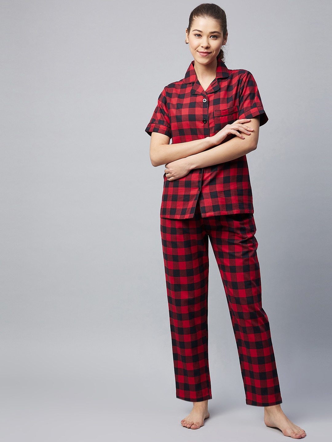 

StyleStone Women Red & Black Cotton Checked Night suit