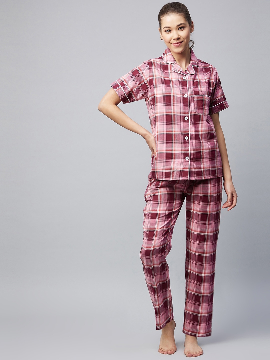 

StyleStone Women Maroon Checked Night suit