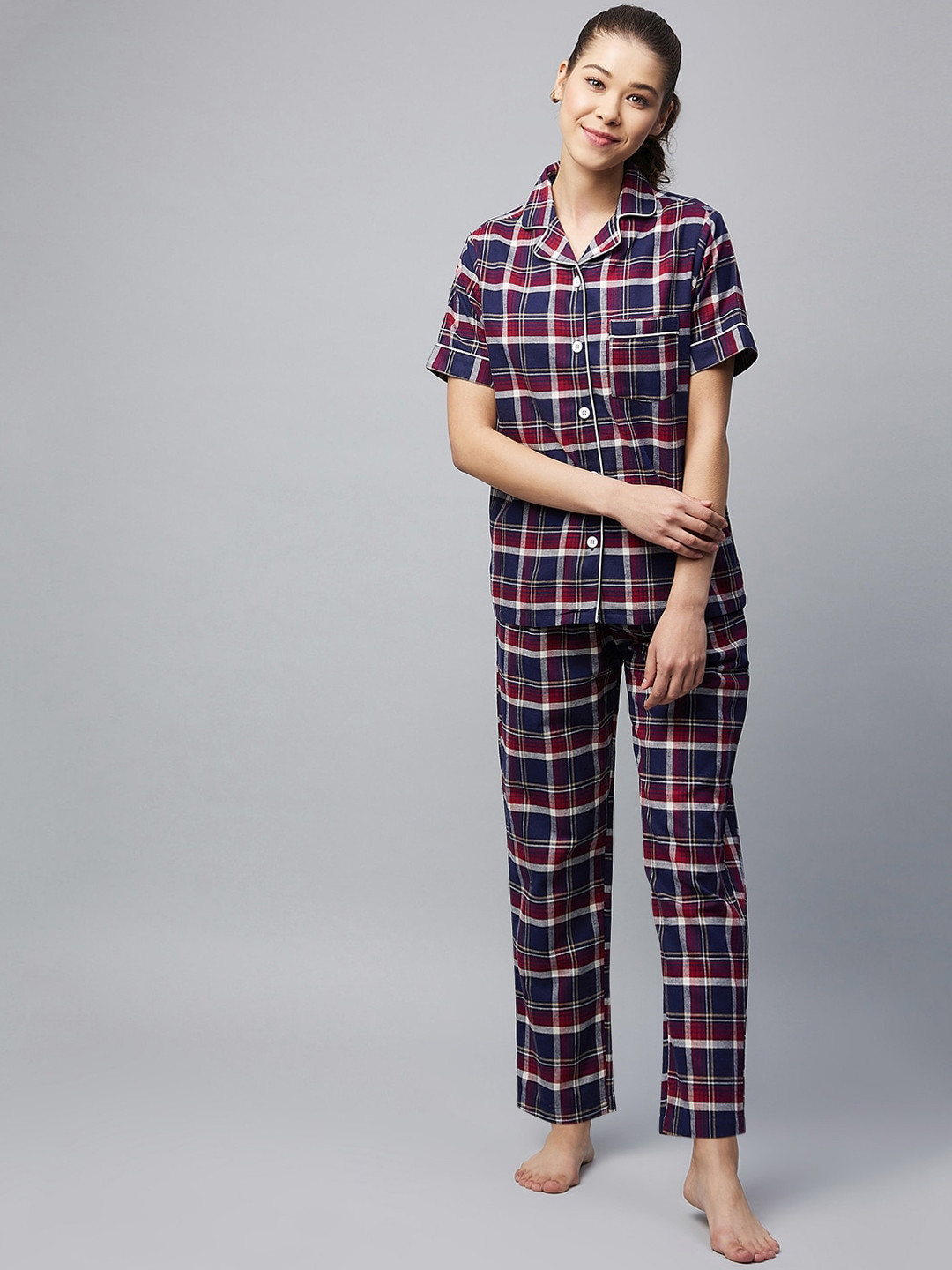 

StyleStone Women Navy Blue & Red Cotton Checked Night suit