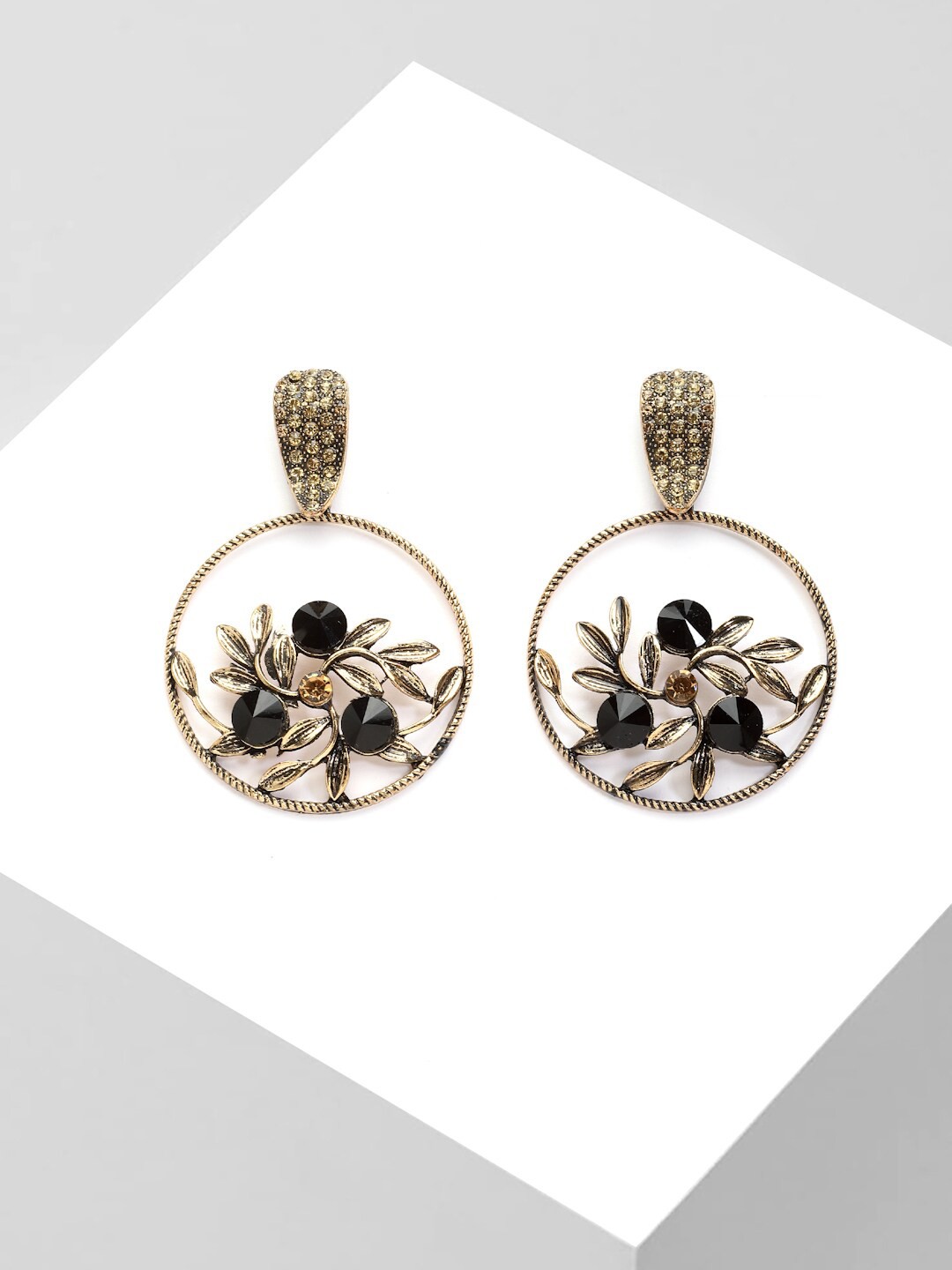 

AVANT-GARDE PARIS Gold-Toned Rhodium Plated Crystals Studded Circular Drop Earrings