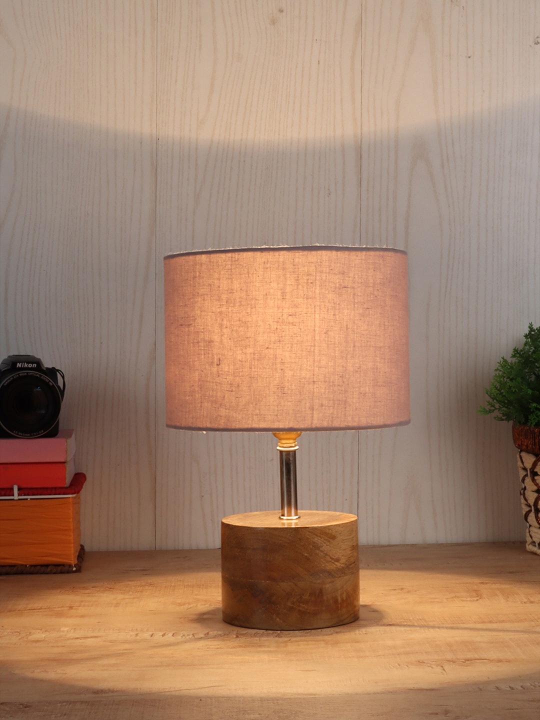 

Devansh Beige & Grey Solid Cylinder Wooden Table Lamp With Cotton Shade