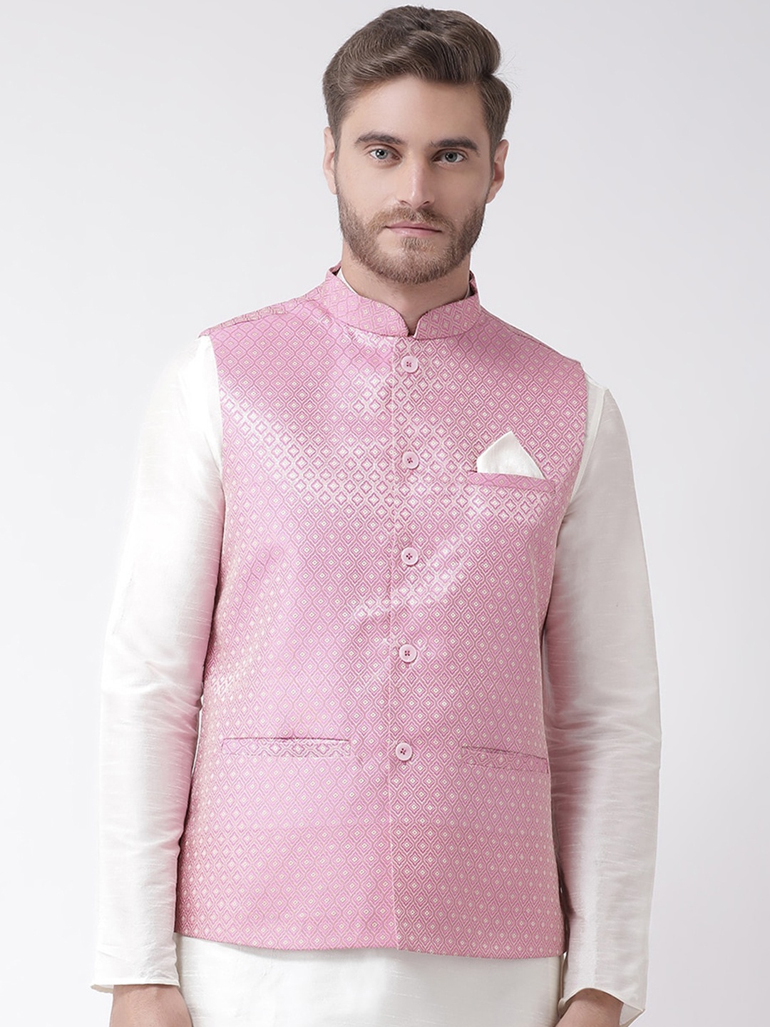 

DEYANN Men Pink Woven Design Silk Blend Nehru Jacket
