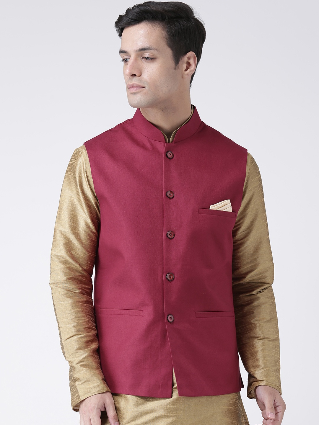 

DEYANN Men Maroon Solid Woven Pure Cotton Nehru Jacket
