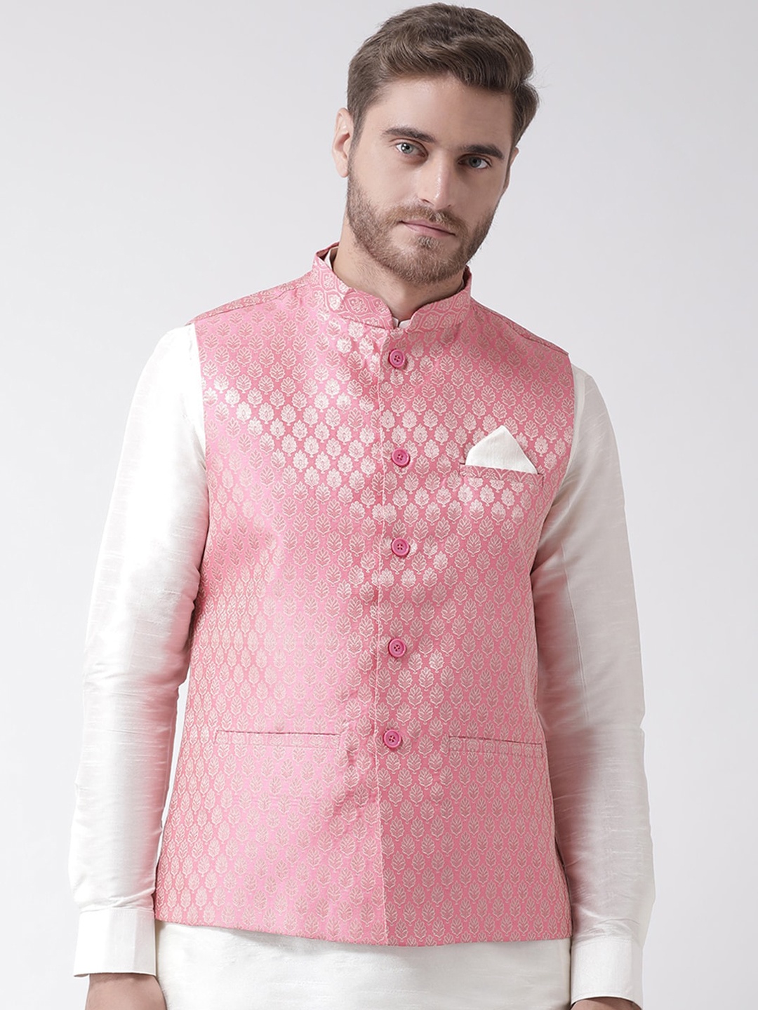 

DEYANN Men Pink Woven Design Nehru Jacket