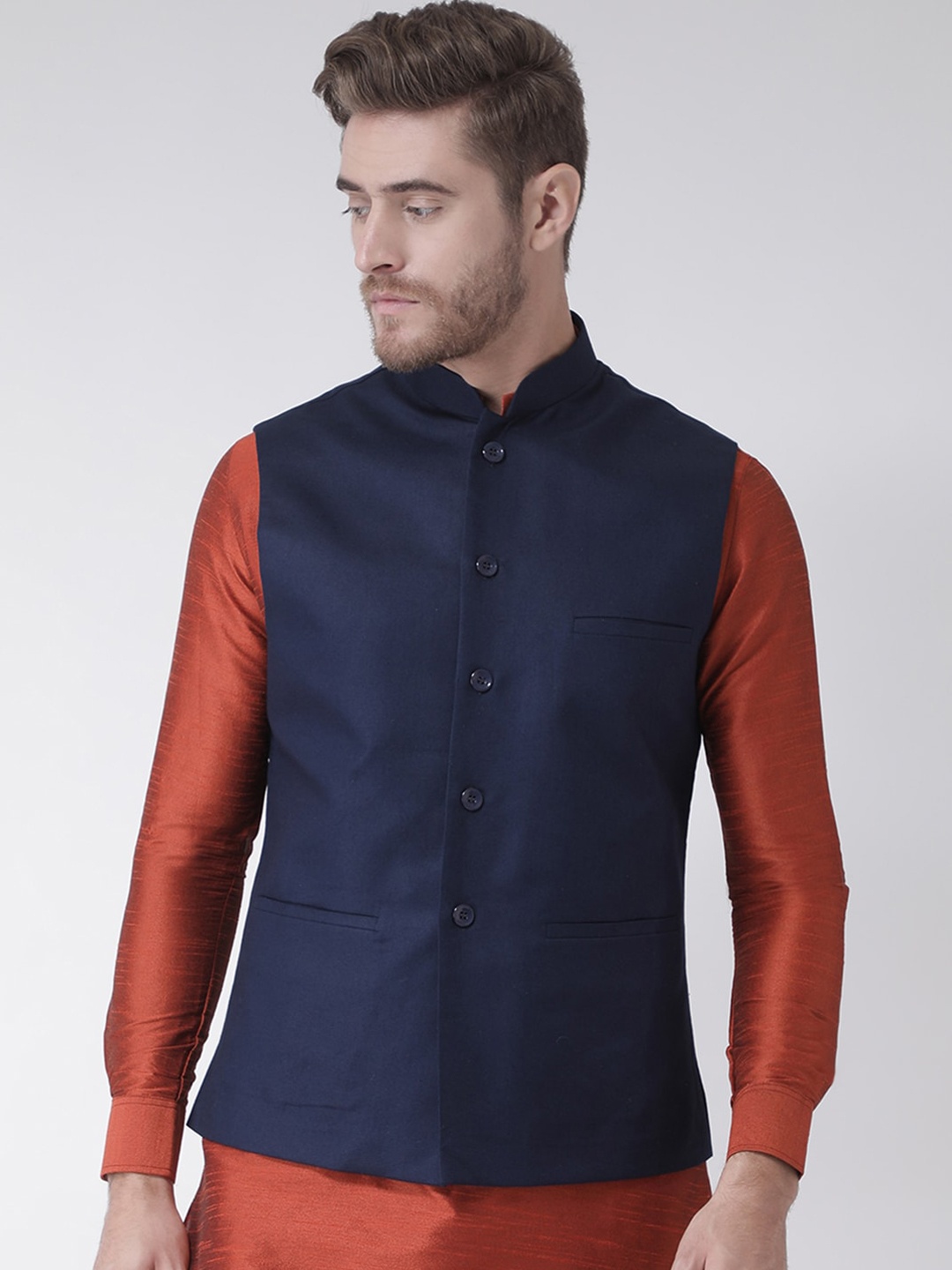

DEYANN Men Navy Blue Solid Woven Nehru Jackets