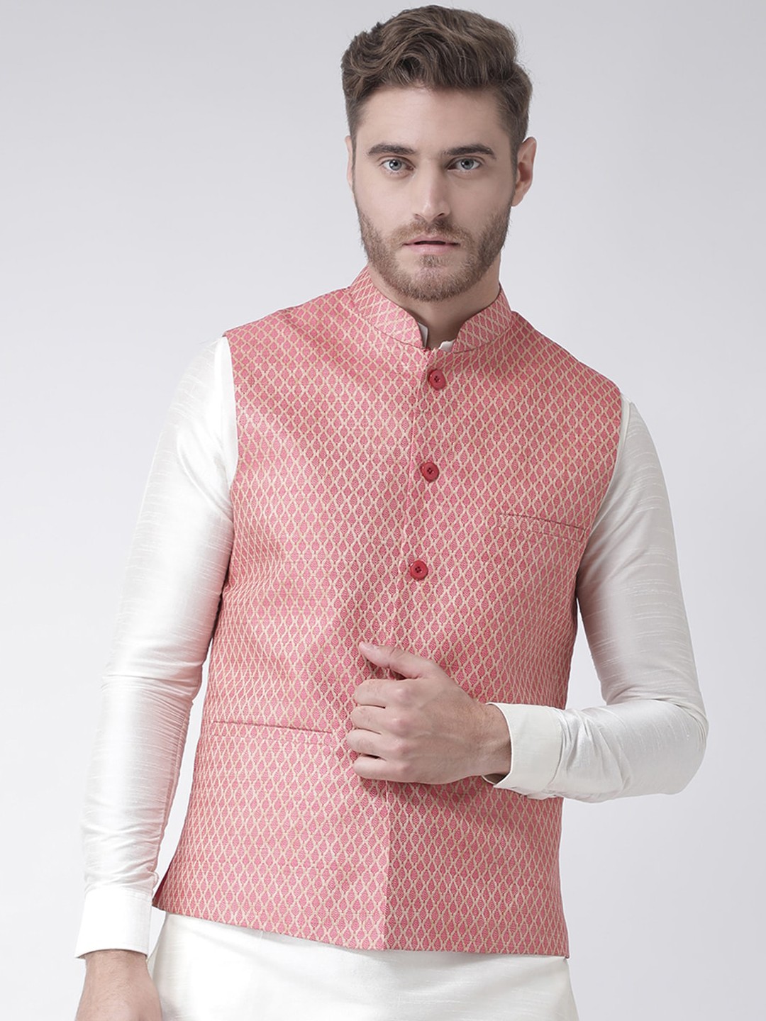 

DEYANN Men Pink Woven Design Nehru Jacket