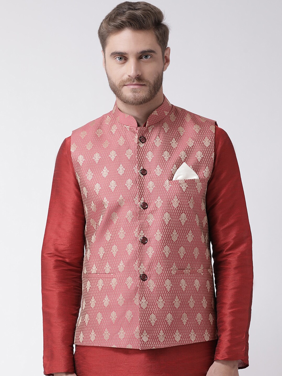 

DEYANN Men Red Woven Design Nehru Jackets