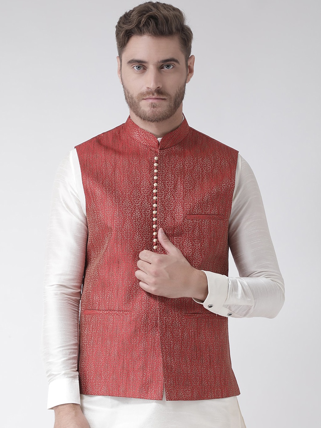 

DEYANN Men Red Solid Woven Nehru Jacket