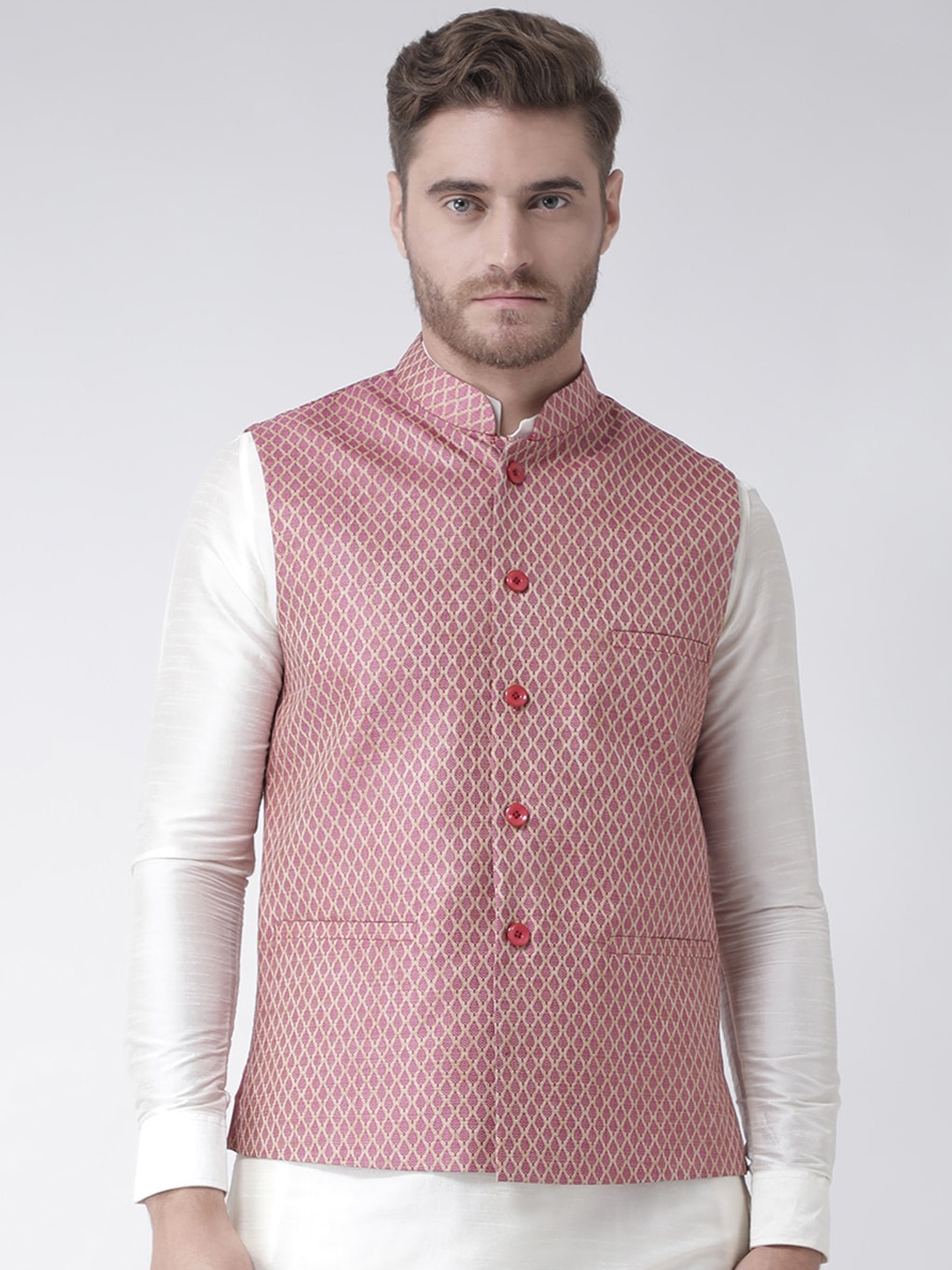 

DEYANN Men Pink Woven-Design Nehru Jacket