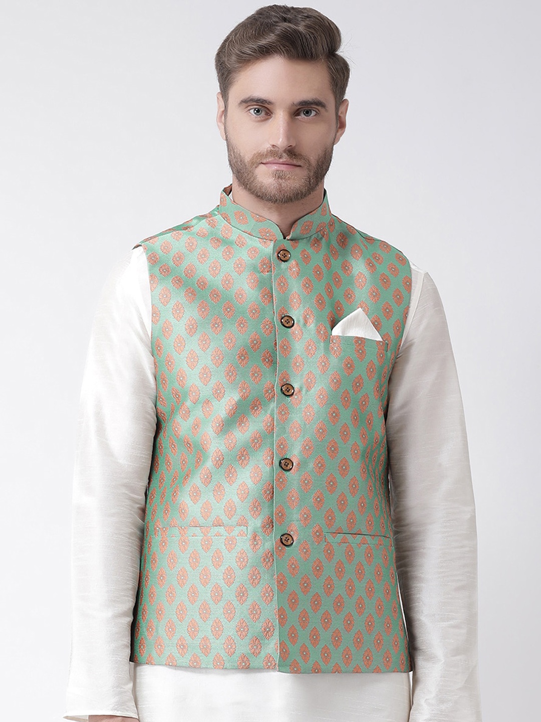 

DEYANN Men Green & Peach Woven-Design Ethnic Nehru Jacket