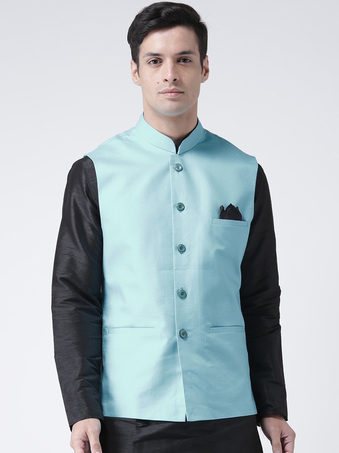 

DEYANN Men Turquoise Blue Pure Cotton Nehru Jacket