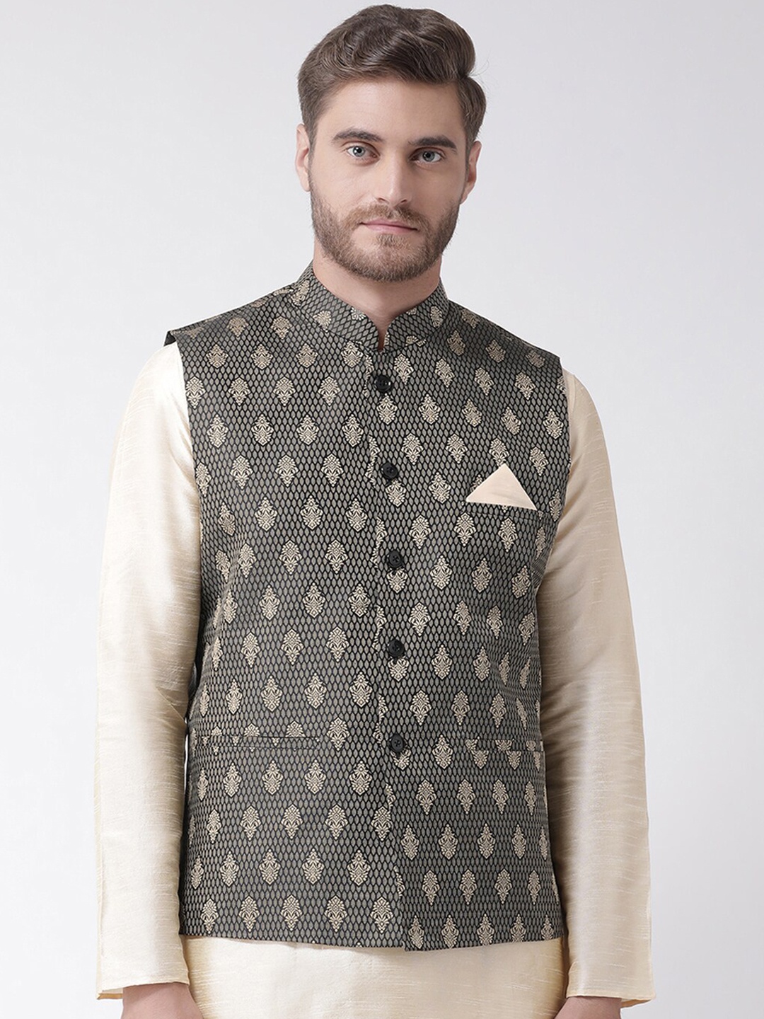 

DEYANN Men Black & Beige Woven Design Nehru Jacket