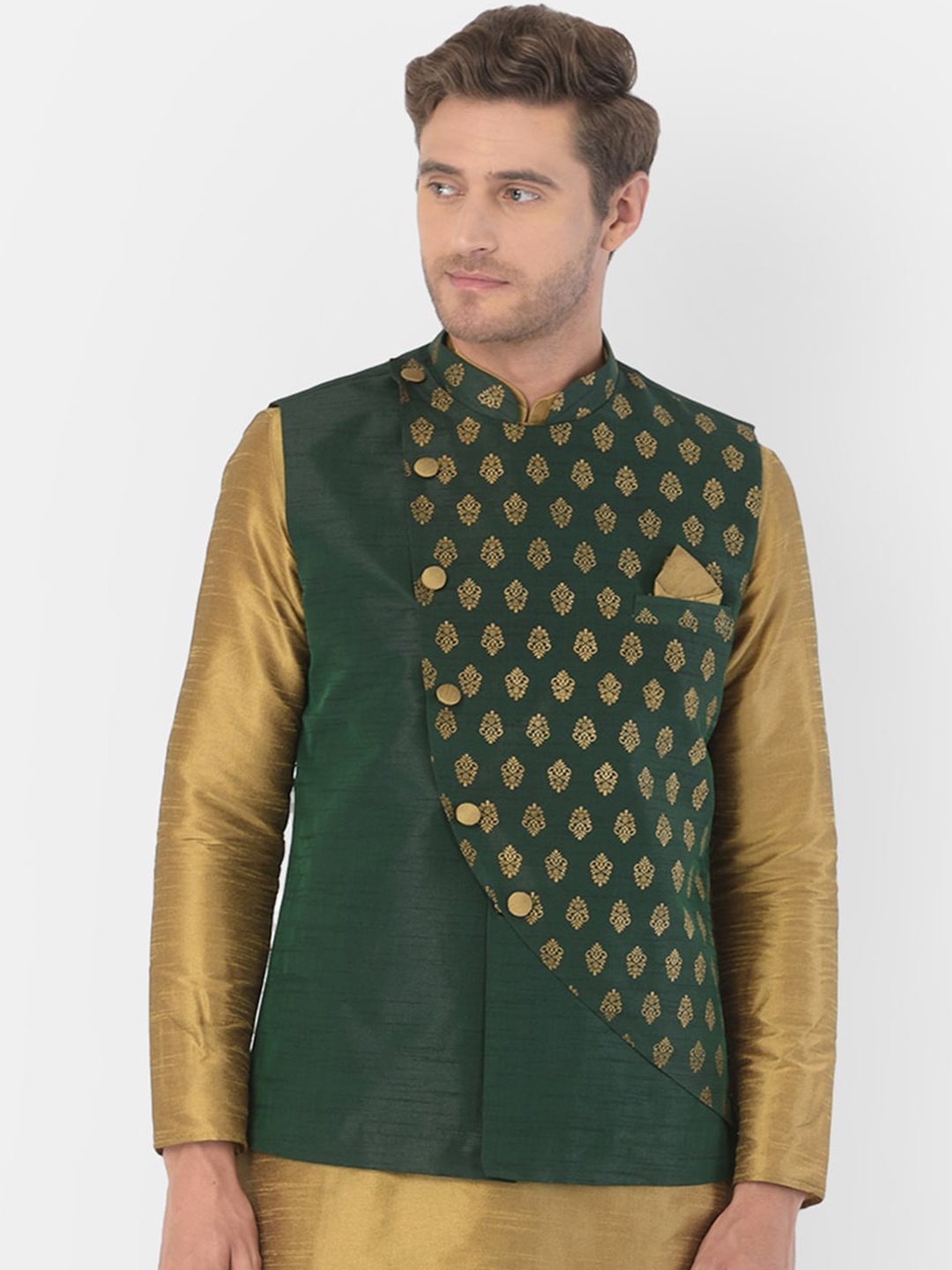 

DEYANN Men Green & Gold-Coloured Woven-Design Nehru Jacket