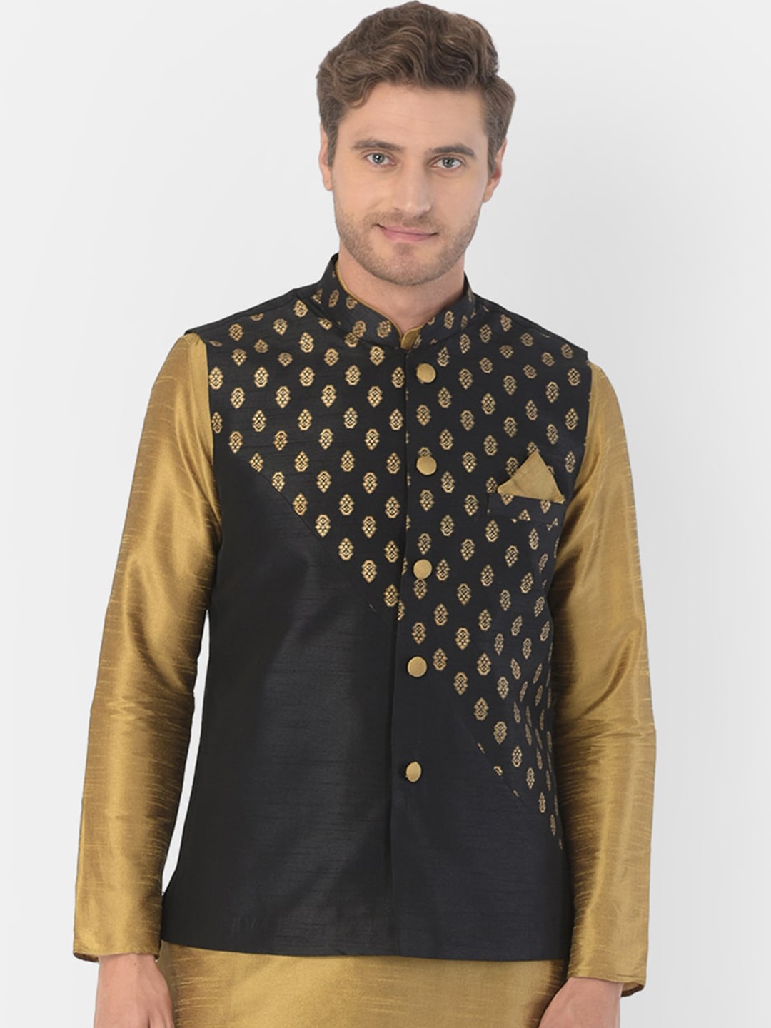 

DEYANN Men Black & Gold-Toned Printed Woven Nehru Jacket