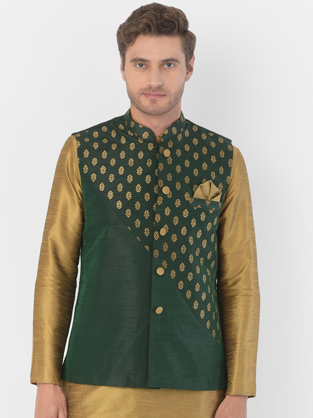 

DEYANN Men Green & Gold-Toned Printed Woven Nehru Jacket