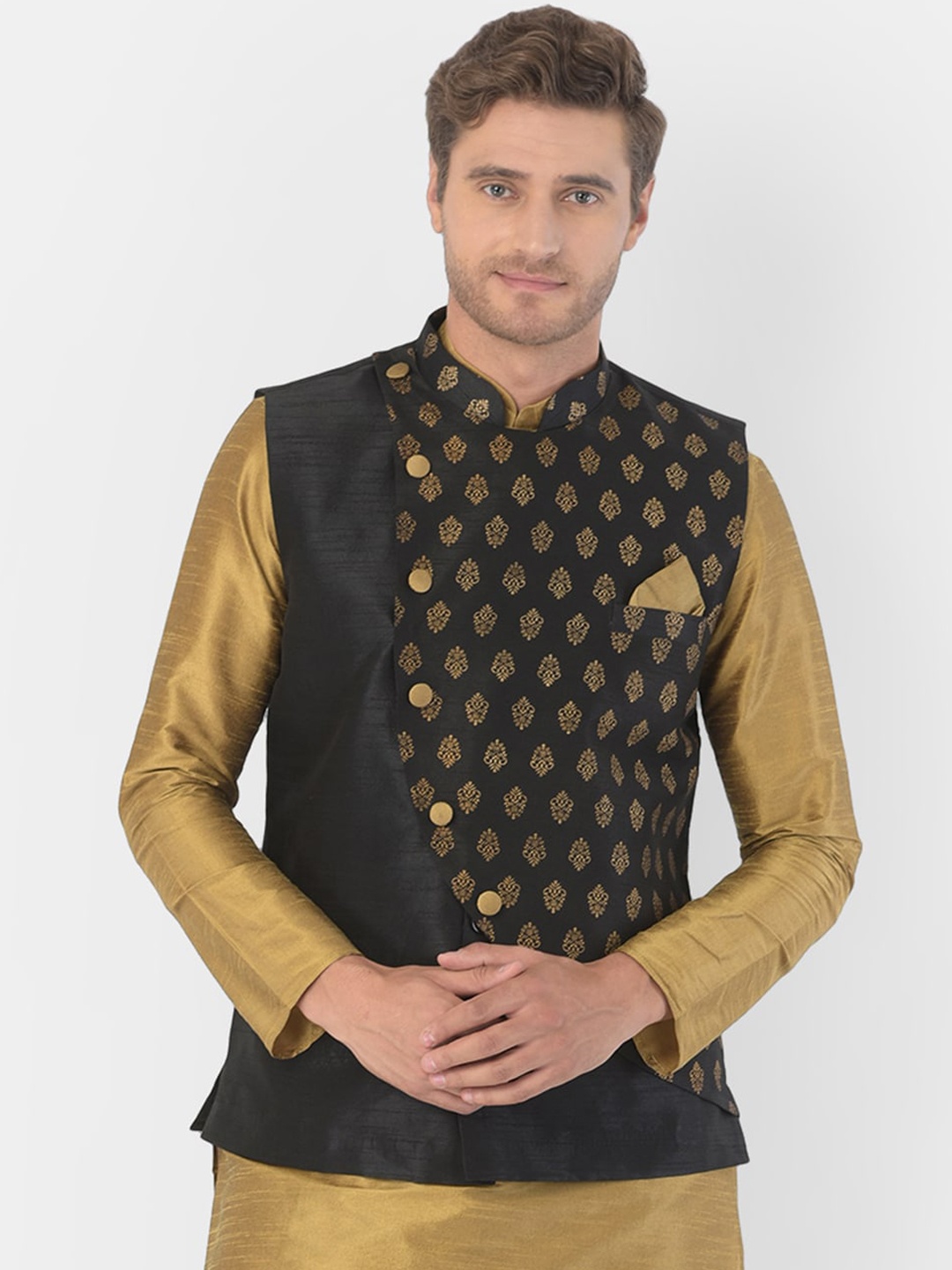 

DEYANN Men Black & Gold-Coloured Printed Woven Nehru Jacket