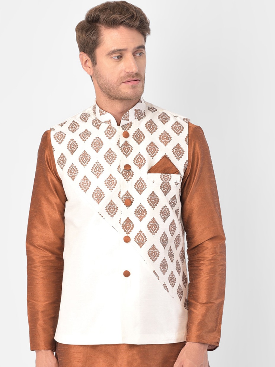 

DEYANN Men Off White & Rust-Brown Woven-Design Nehru Jacket