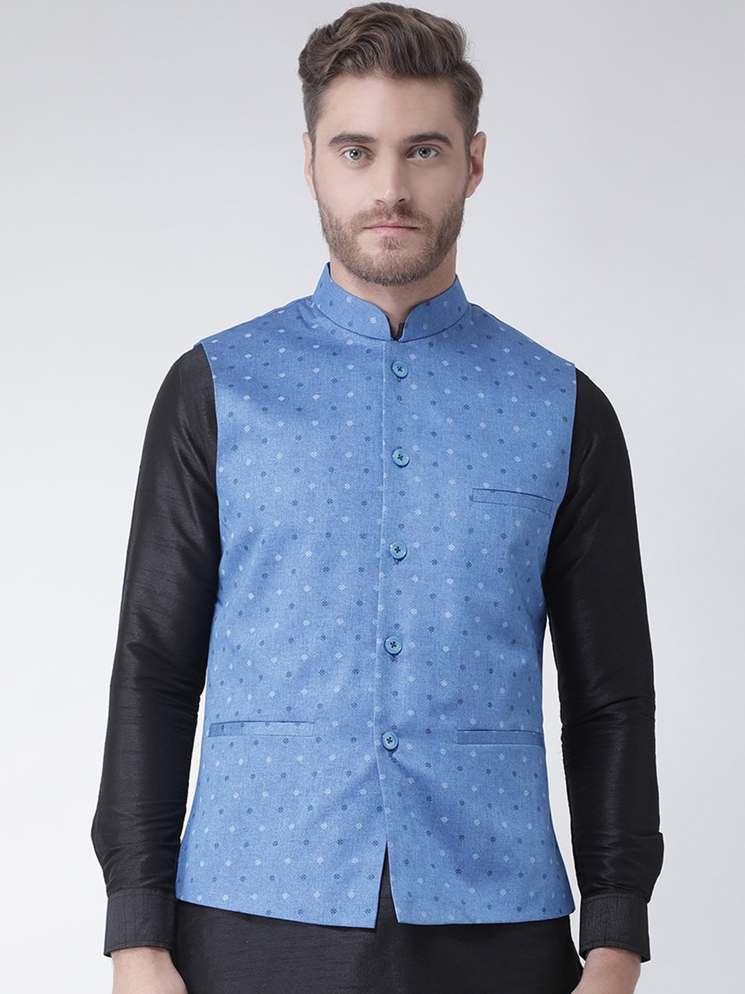 

DEYANN Men Blue Printed Woven-Design Nehru Jacket