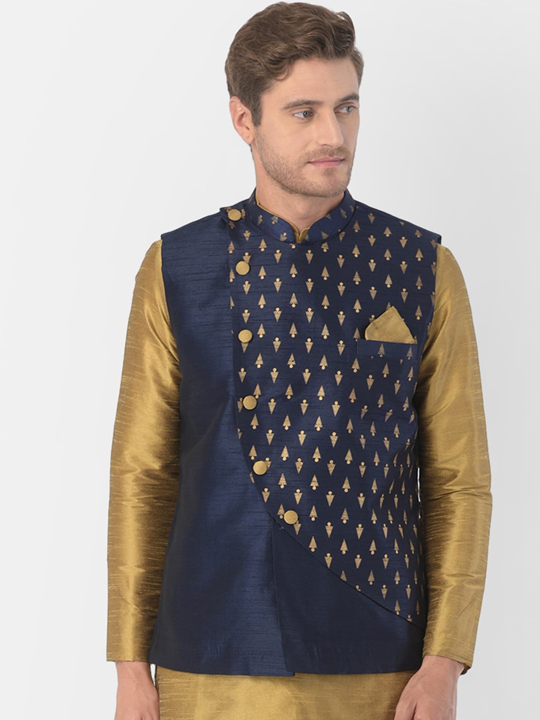 

DEYANN Men Navy Blue Printed Dupion Silk Nehru Jacket