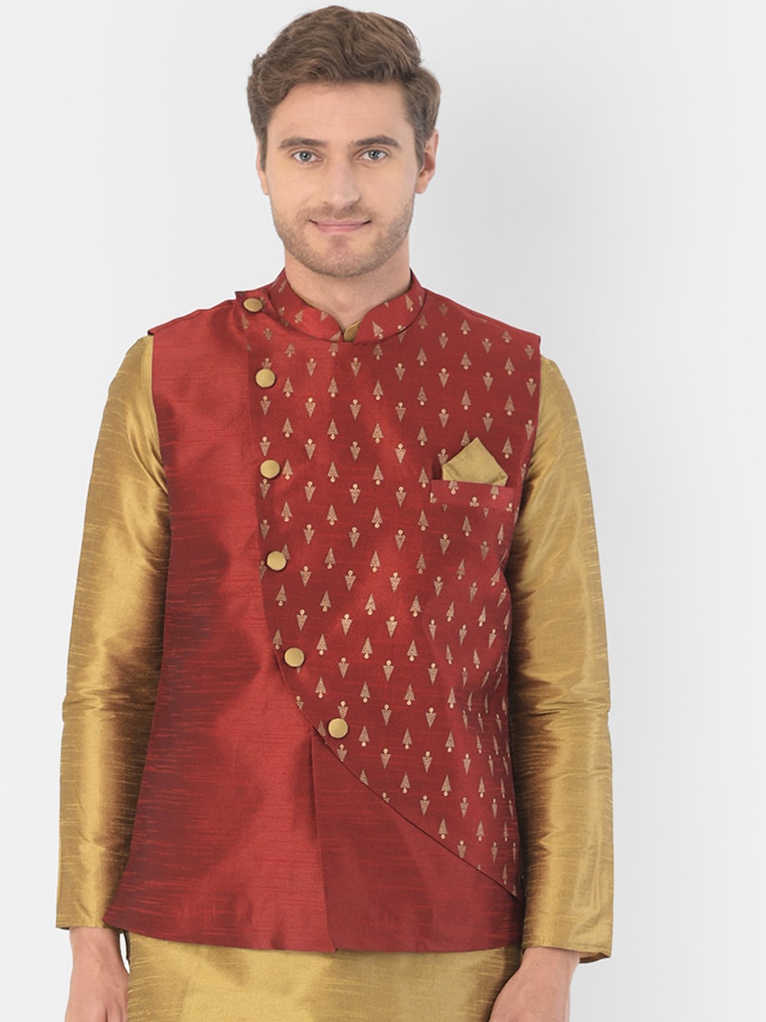 

DEYANN Men Red & Golden Printed Woven Nehru Jacket