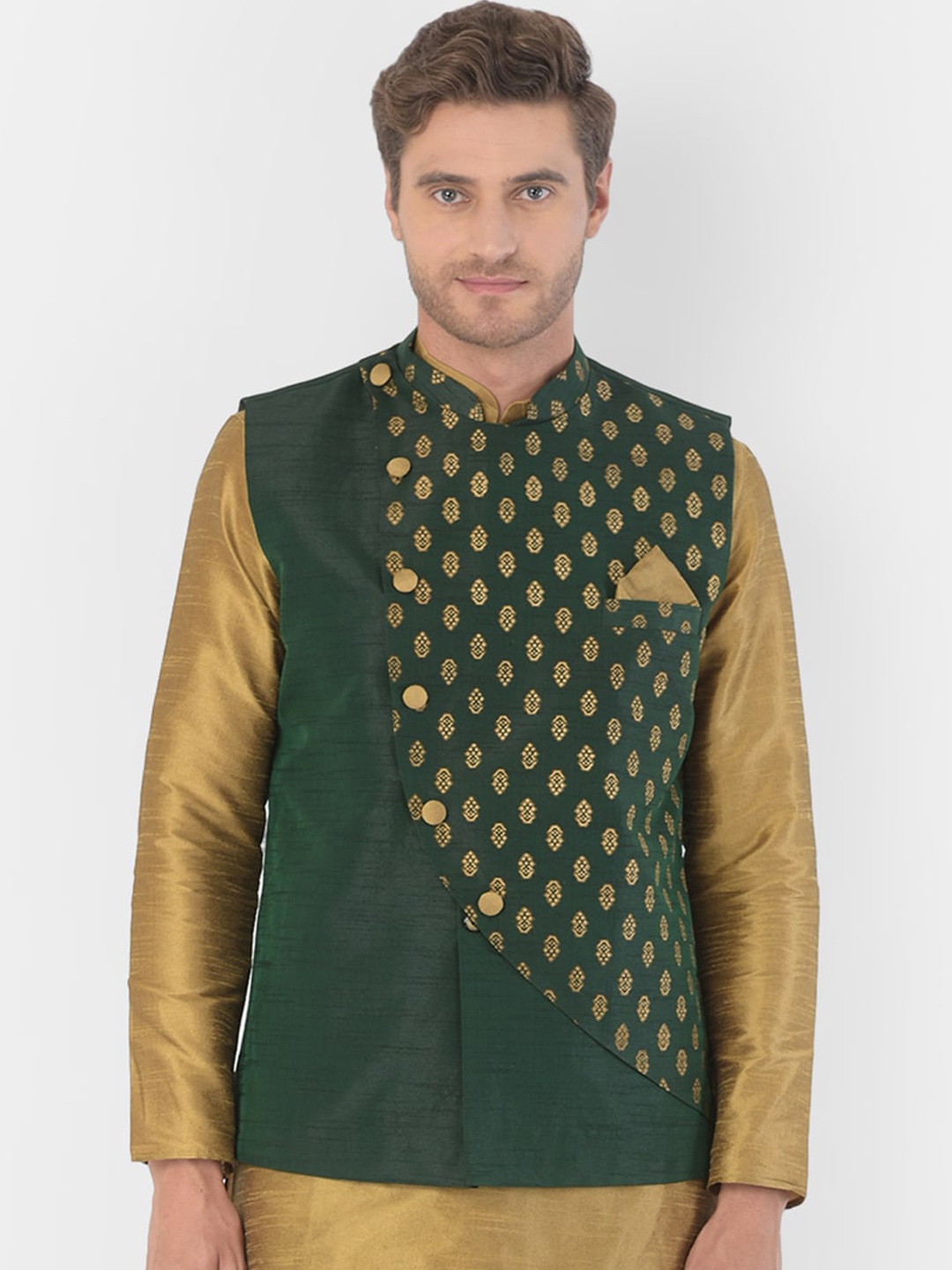 

DEYANN Men Green & Gold-Coloured Woven Design Woven Silk Blend Nehru Jacket