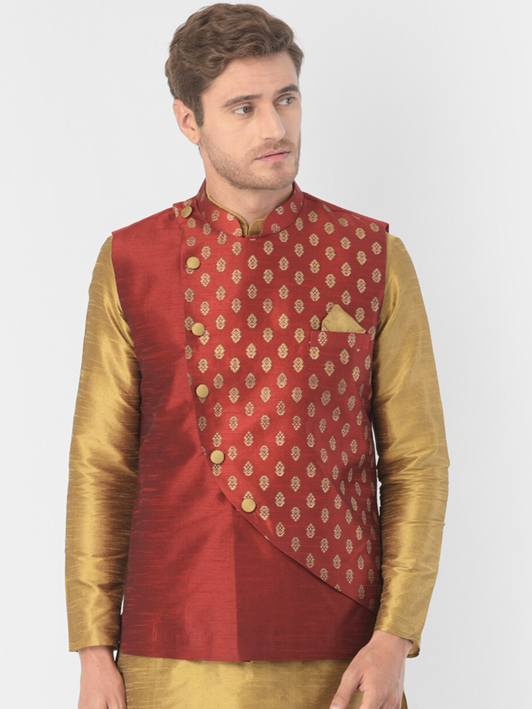 

DEYANN Men Red & Gold-Coloured Woven-Design Nehru Jacket