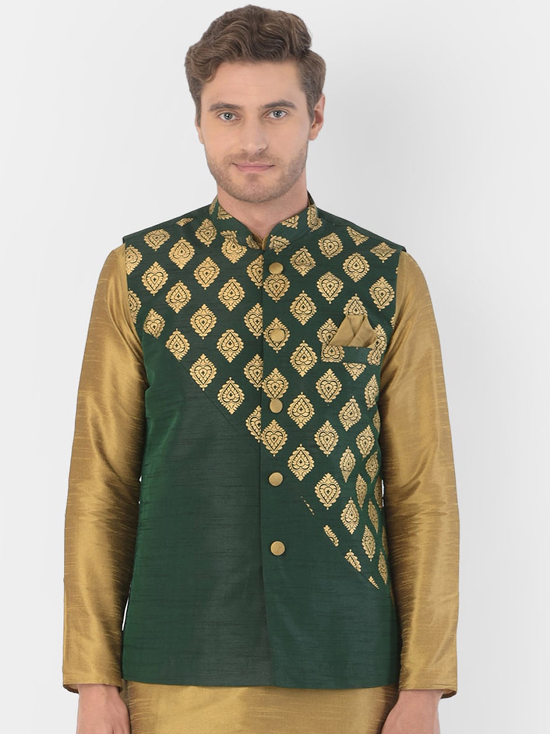 

DEYANN Men Green & Gold-Coloured Printed Woven Nehru Jacket