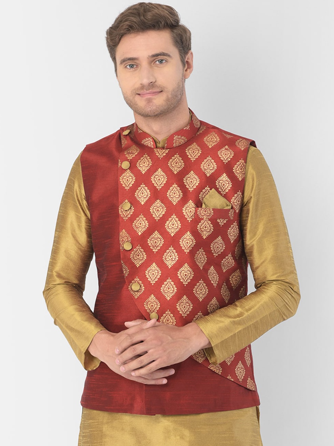 

DEYANN Men Red Ethnic Printed Nehru Jackets