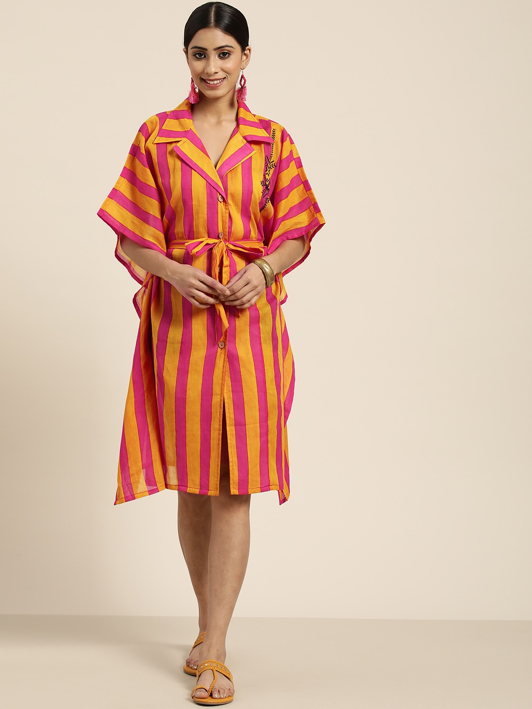 

Sangria Women Pink & Mustard Yellow Striped Pure Cotton Kaftan Dress with Belt