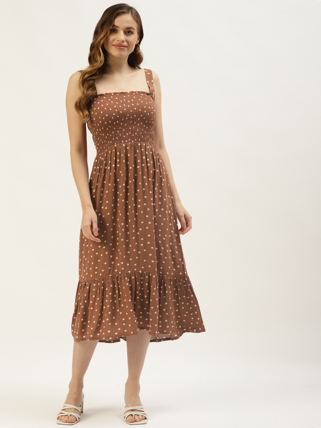 

WISSTLER Women Brown & Off White Polka Dot Printed A-Line Midi Dress