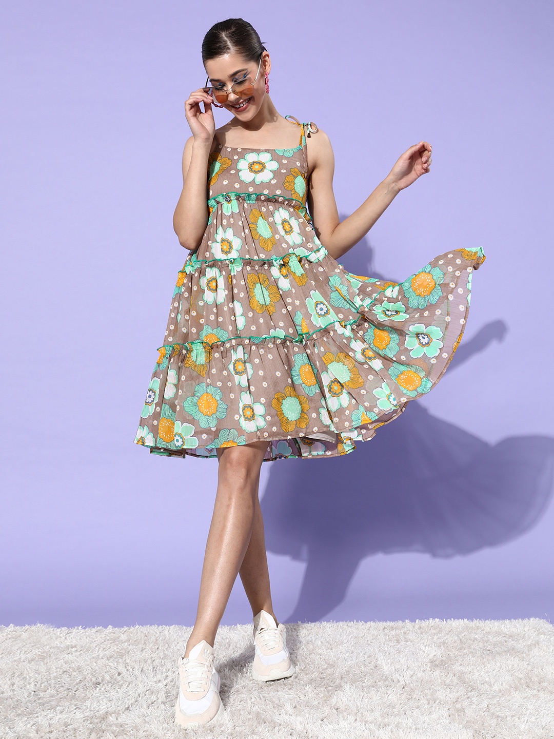 

Style Quotient Women Classy Beige Floral Feminine Frills Dress