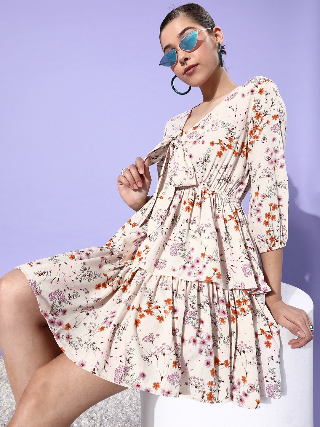 

Style Quotient Women Classy Cream Floral Feminine Frills Dress