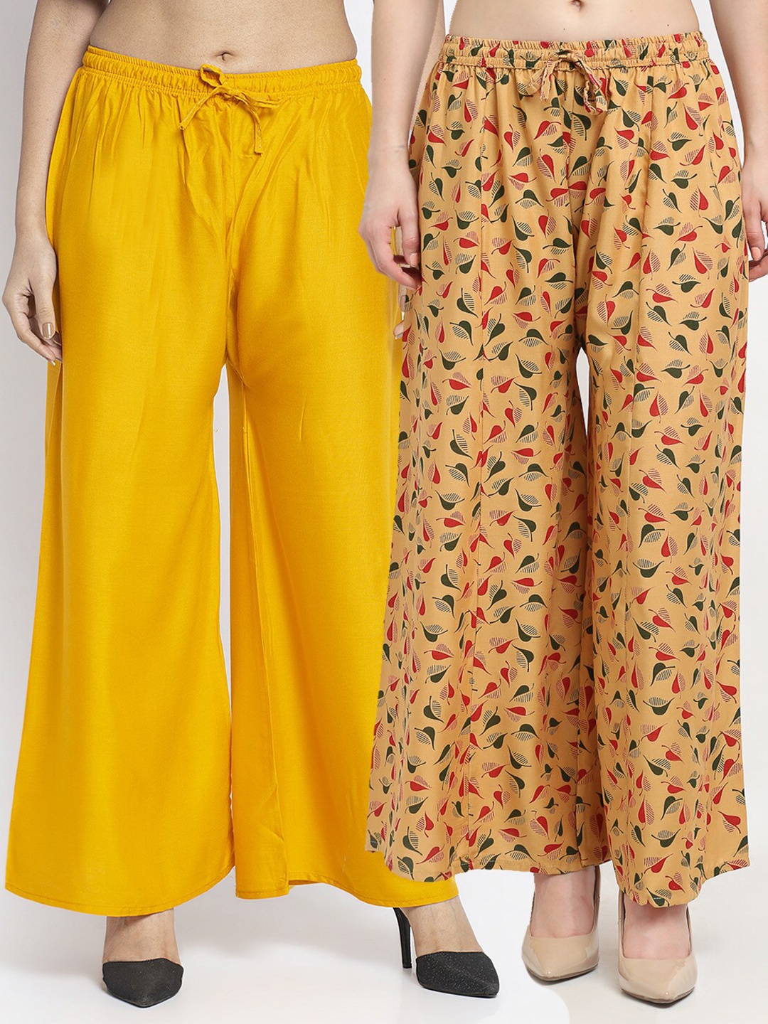 

Jinfo Women Mustard Yellow & Beige Printed Flared Knitted Ethnic Palazzos Pack Of 2