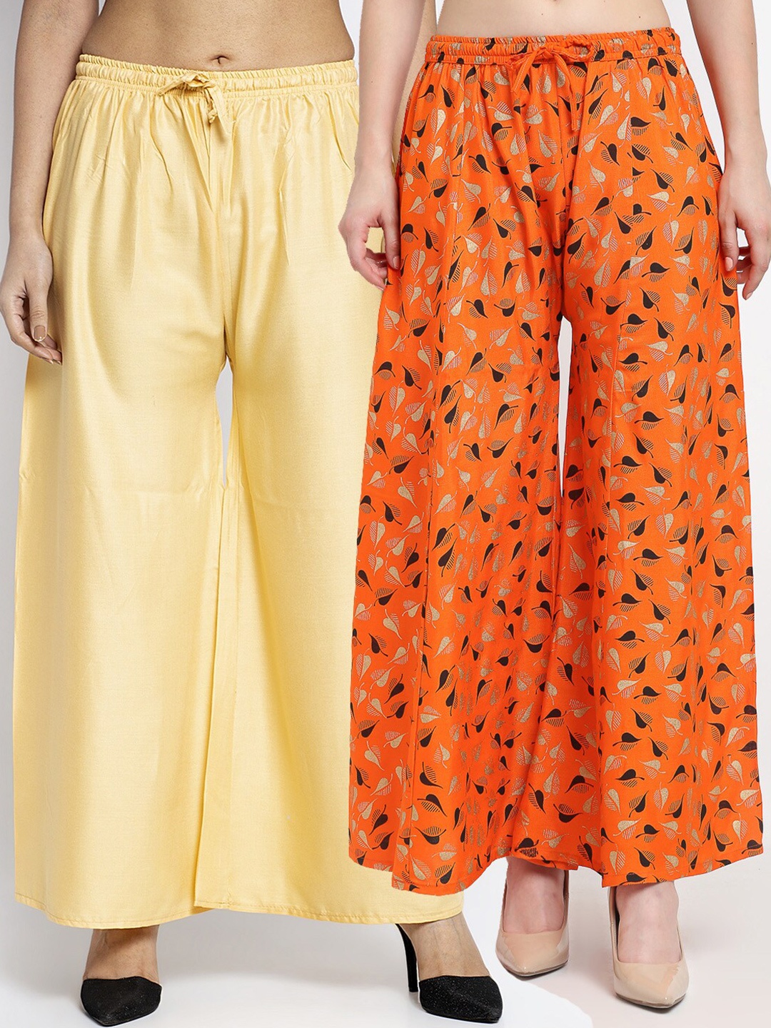 

Jinfo Women Beige & Orange 2 Printed Flared Knitted Ethnic Palazzos