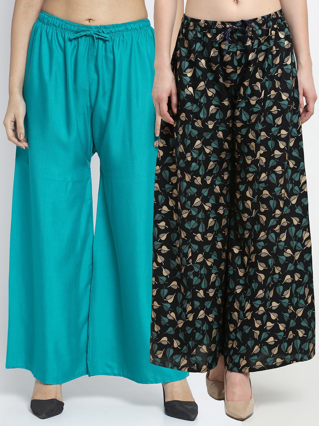 

Jinfo Women Green & Black 2 Printed Flared Knitted Ethnic Palazzos