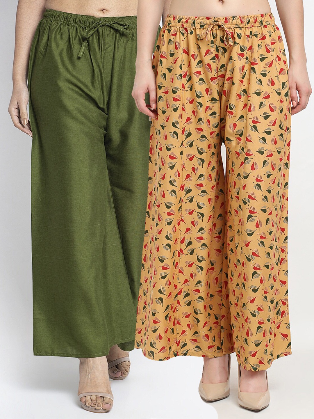 

Jinfo Women Olive Green & Beige Printed Flared Knitted Ethnic Palazzos Pack Of 2