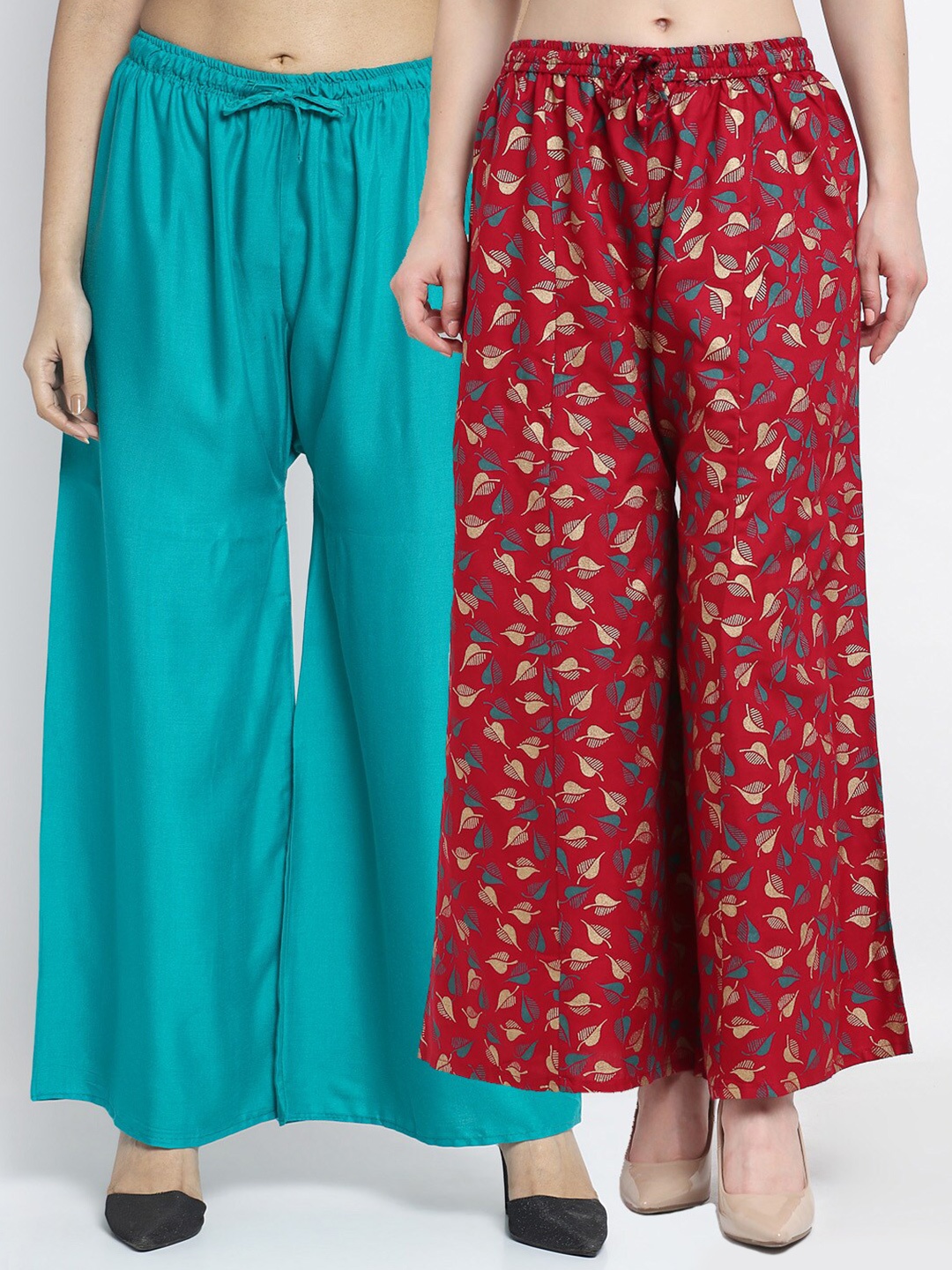 

Jinfo Women Sea Green & Maroon 2 Floral Printed Flared Ethnic Palazzos